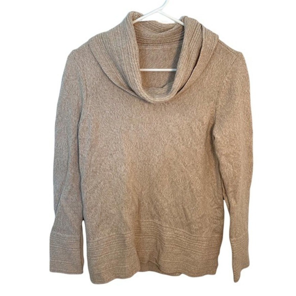 Calvin Klein Women's Cowl Neck Sweater Latte Combo Beige White‎ Ribbed Cotton